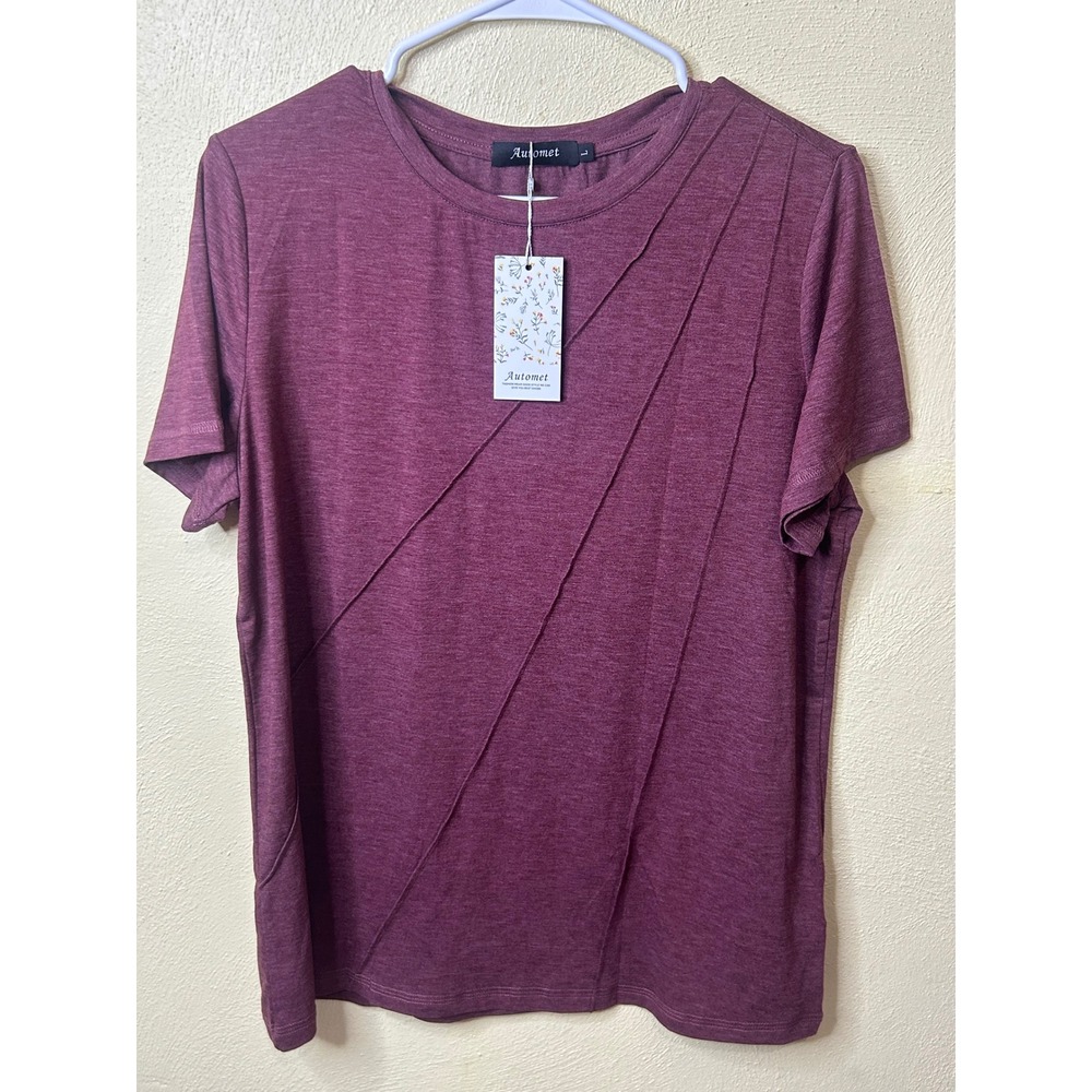 Automet Womens Burgundy Diagonal Seam Short Sleeve Top Size L SZ240803 New